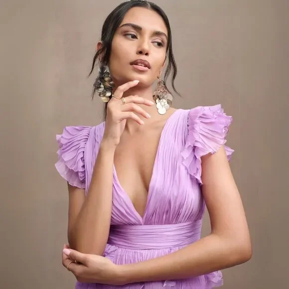 NWT Mac Duggal 49539 Size 20 Lilac Purple Pleated Ruffled V-Neck Maxi Gown Dress - Picture 2 of 4